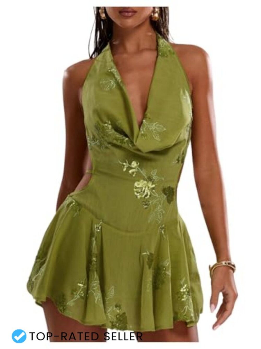 Sequin Halter Draped Mini Dress Floral A Line Sleeveless Tie Backless